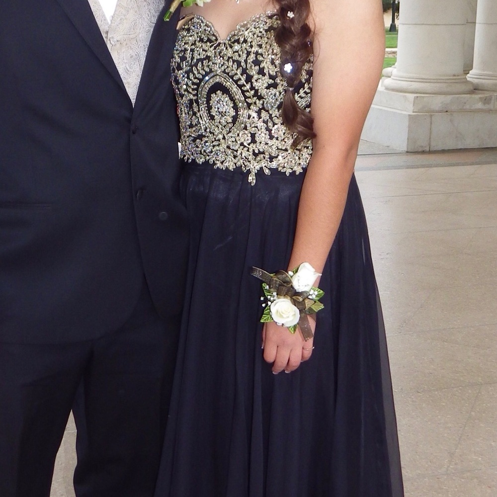 Black prom dress with gold bead detail